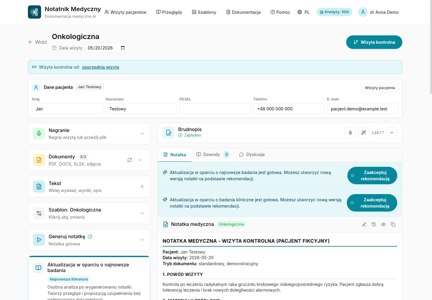 Gotowa notatka medyczna w panelu wizyty